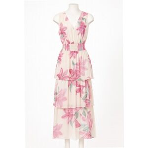 Alexa B Floral Tiered Maxi Dress V Neck Cream Pink Lily Whimsicore Fairy Dainty‎